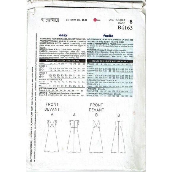 Butterick See Sew Sewing Pattern 4163 Dress Above Ankle Misses Petite Size 18-22 - Picture 2 of 2